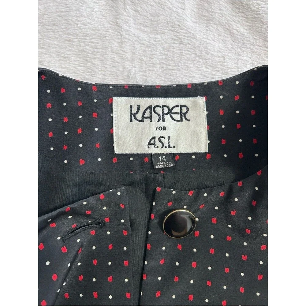 Kasper ASL Vintage Polka Dot Skirt Suit Size 14 Black Red Career Boss Lady